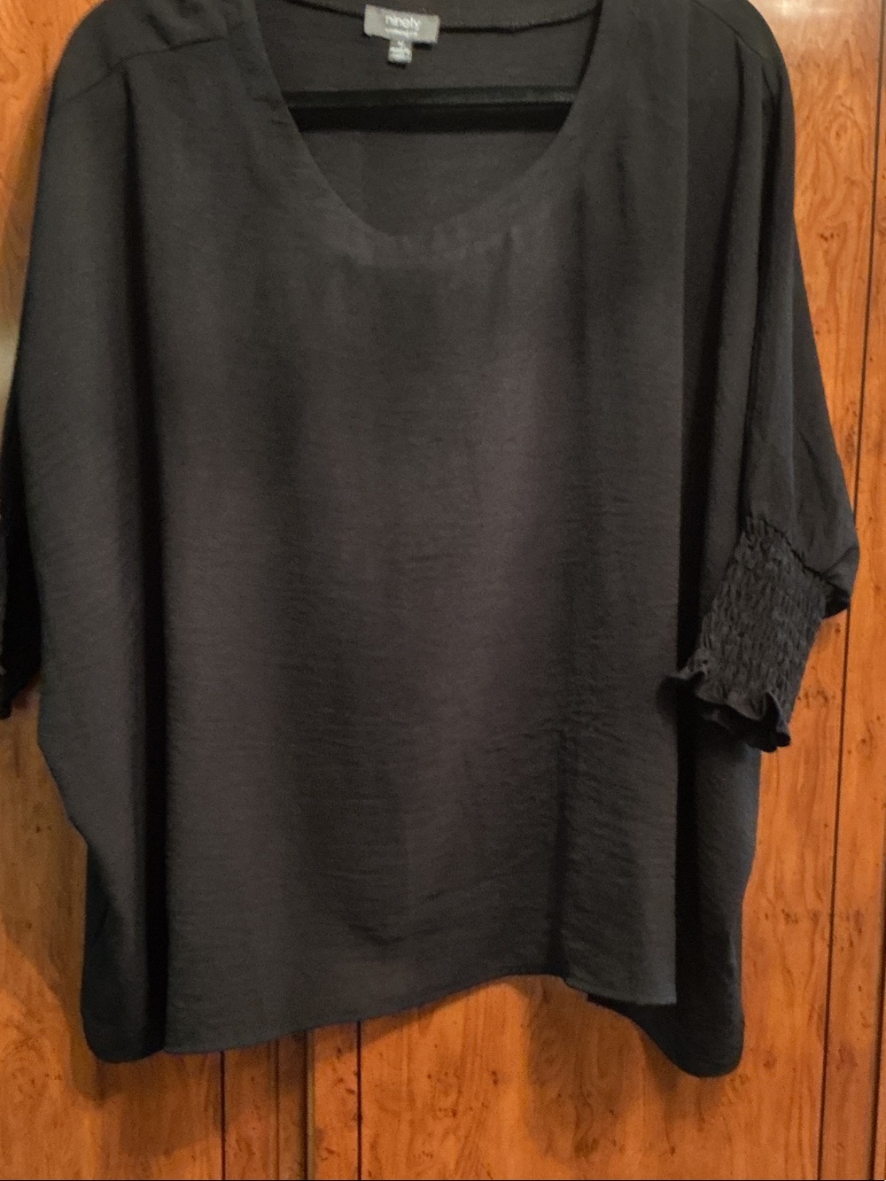 Relaxed Scoop Neck Blouse with Smocked Short Sleeves - Black